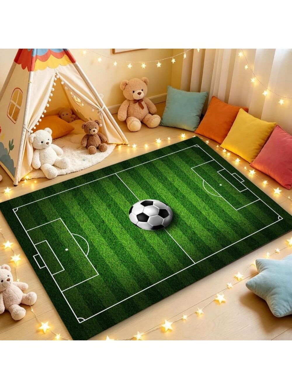 Kids Soccer Field Rug 5x8ft - Non-Slip Green Football Carpet for Playroom